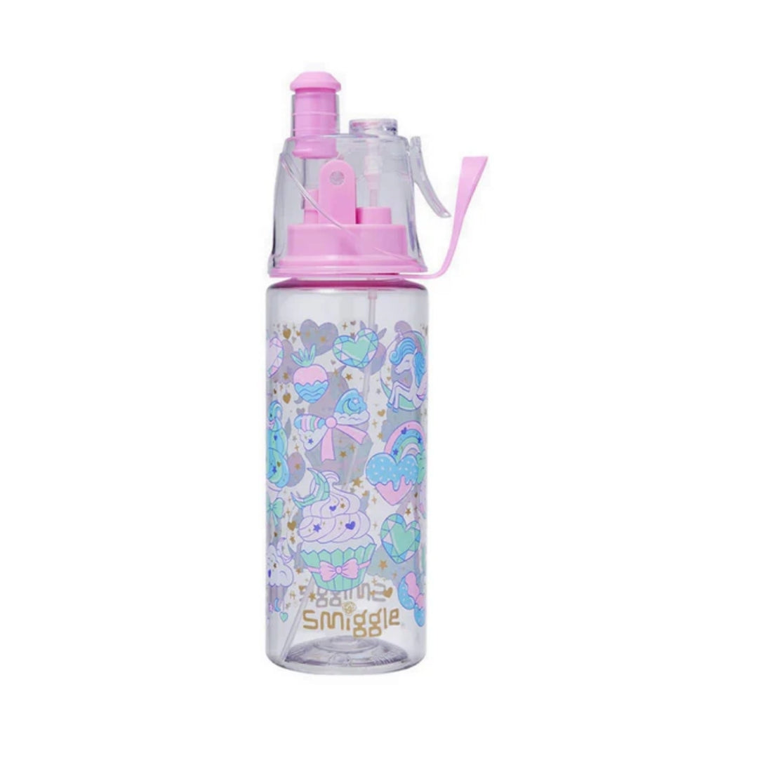 Smiggle bottle with pink lid and colorful design